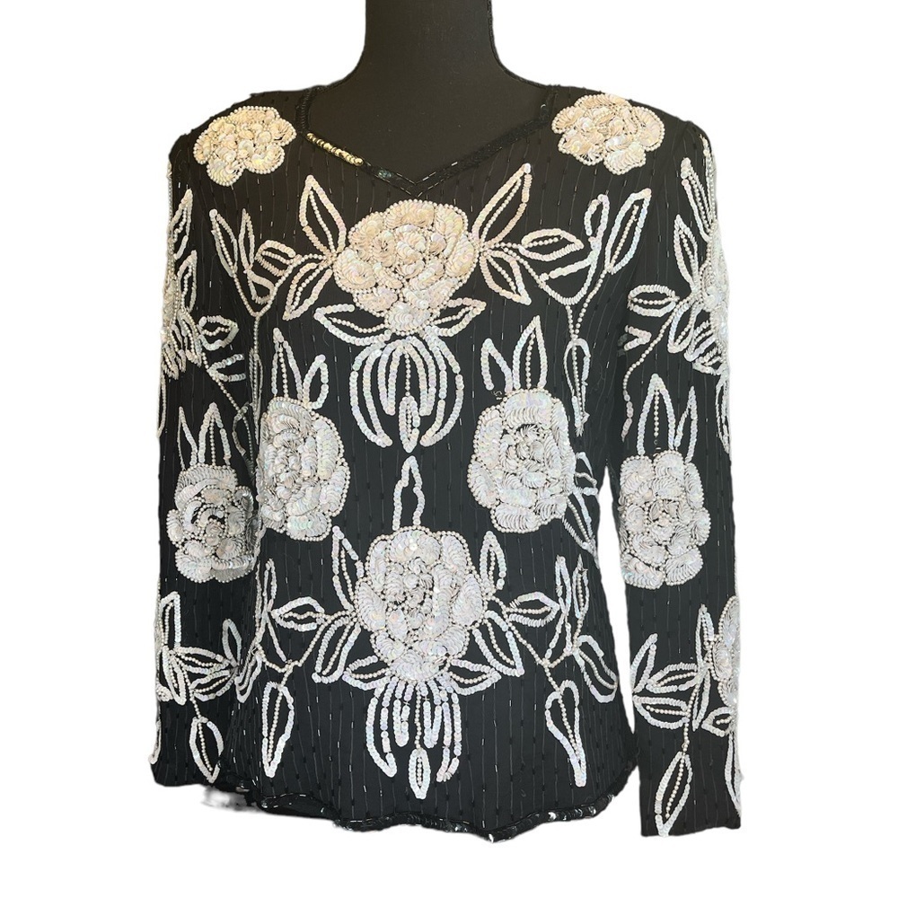 Leslie Fay Evenings 100% Silk Black Sequins Top | Size M